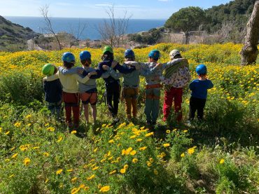 Un groupe d'enfants dans la nature après une séance d'escalade